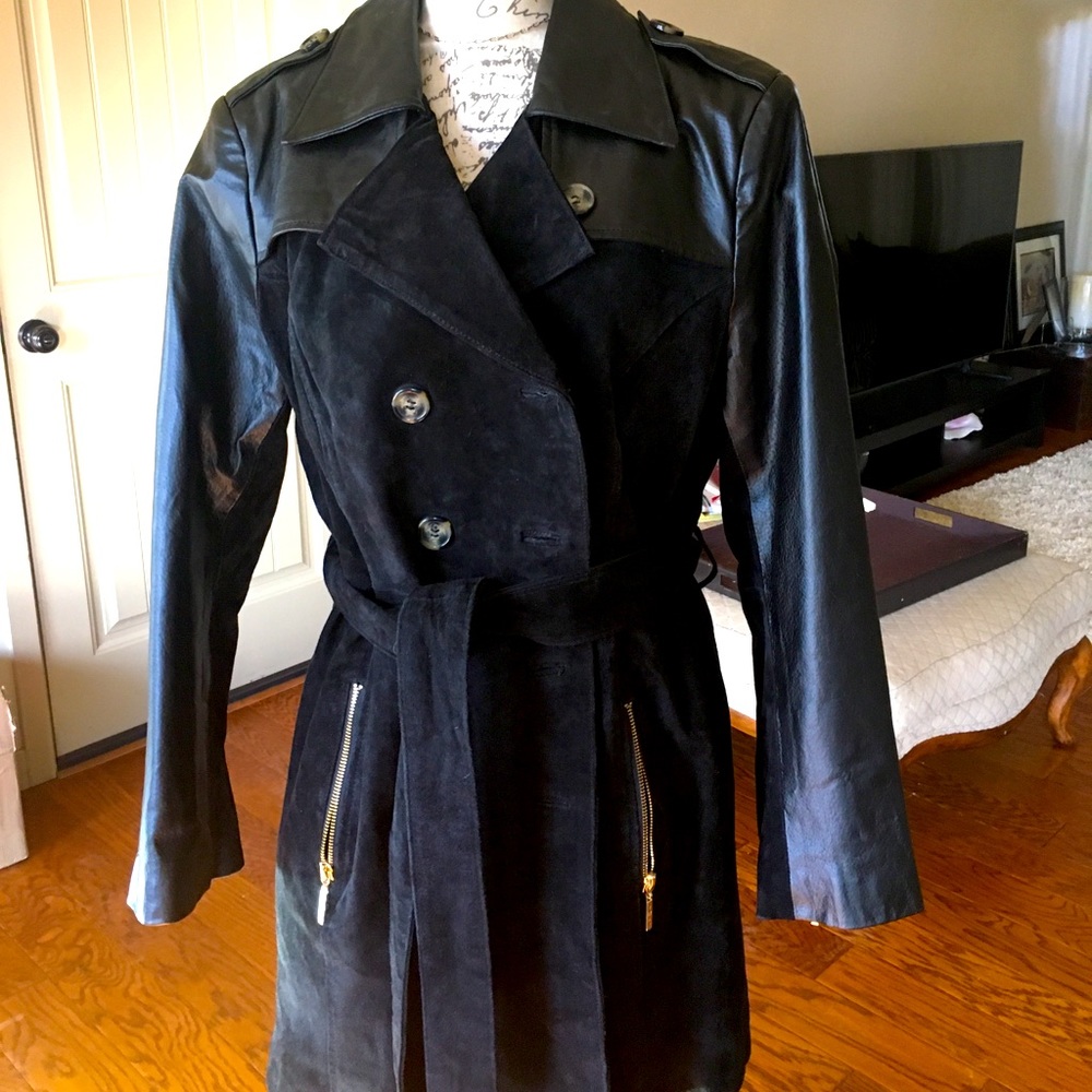 Black leather mid length trench coat